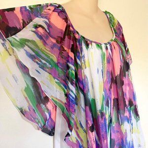 Womens Large Layered Floral Top Butterfly Sleeves